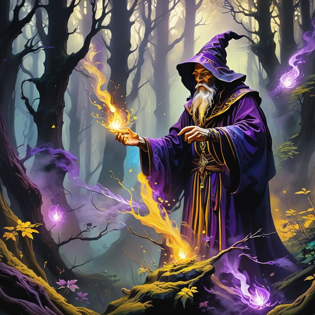 Wizard Casting Spell in Misty Forest, Dark Fantasy Art