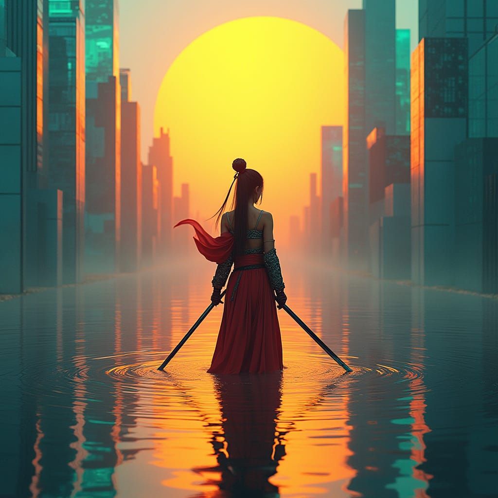 Cyberpunk Warrior in Sunset City