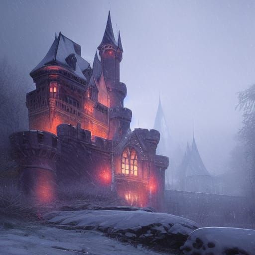 Snow Castle Reflection in Art Nouveau Style