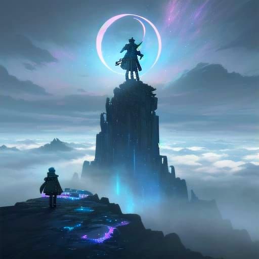 Mystical Warrior Amidst Iridescent Mist on Ancient Mountain ...