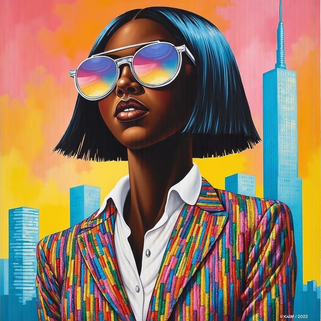 Modern Femme in Cyberpunk Attire with Rainbow Jumpsuit