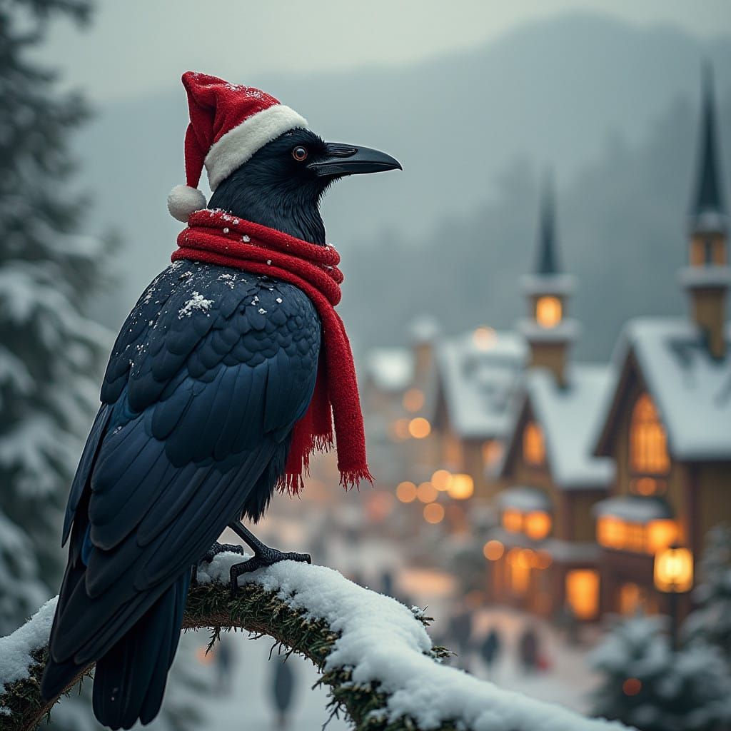 Regal Christmas Raven in Whimsical Village