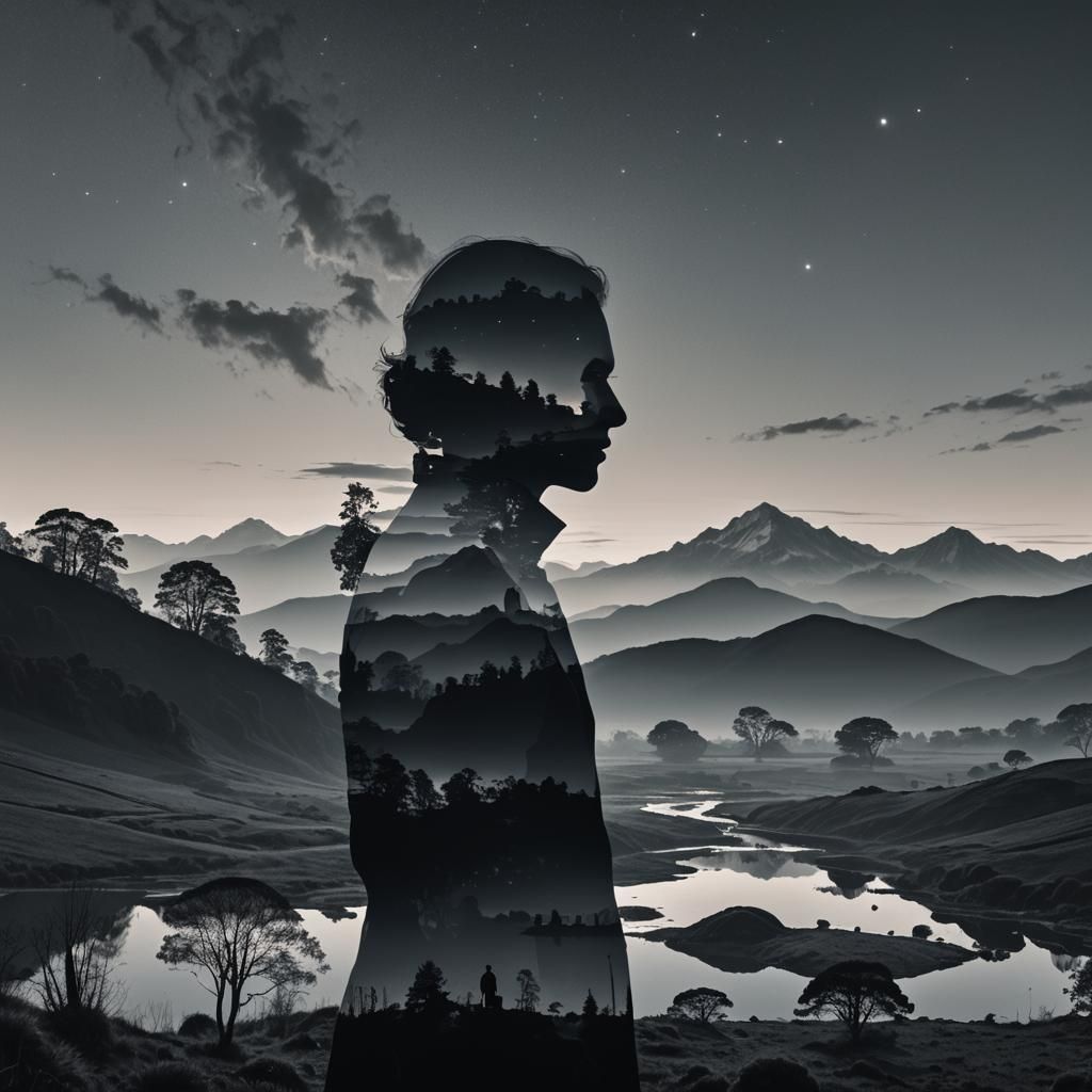 Surreal Double Exposure Silhouette and Landscape