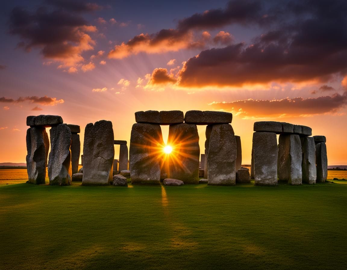 stonehenge at sunset, the sun is visible between the dolmen....