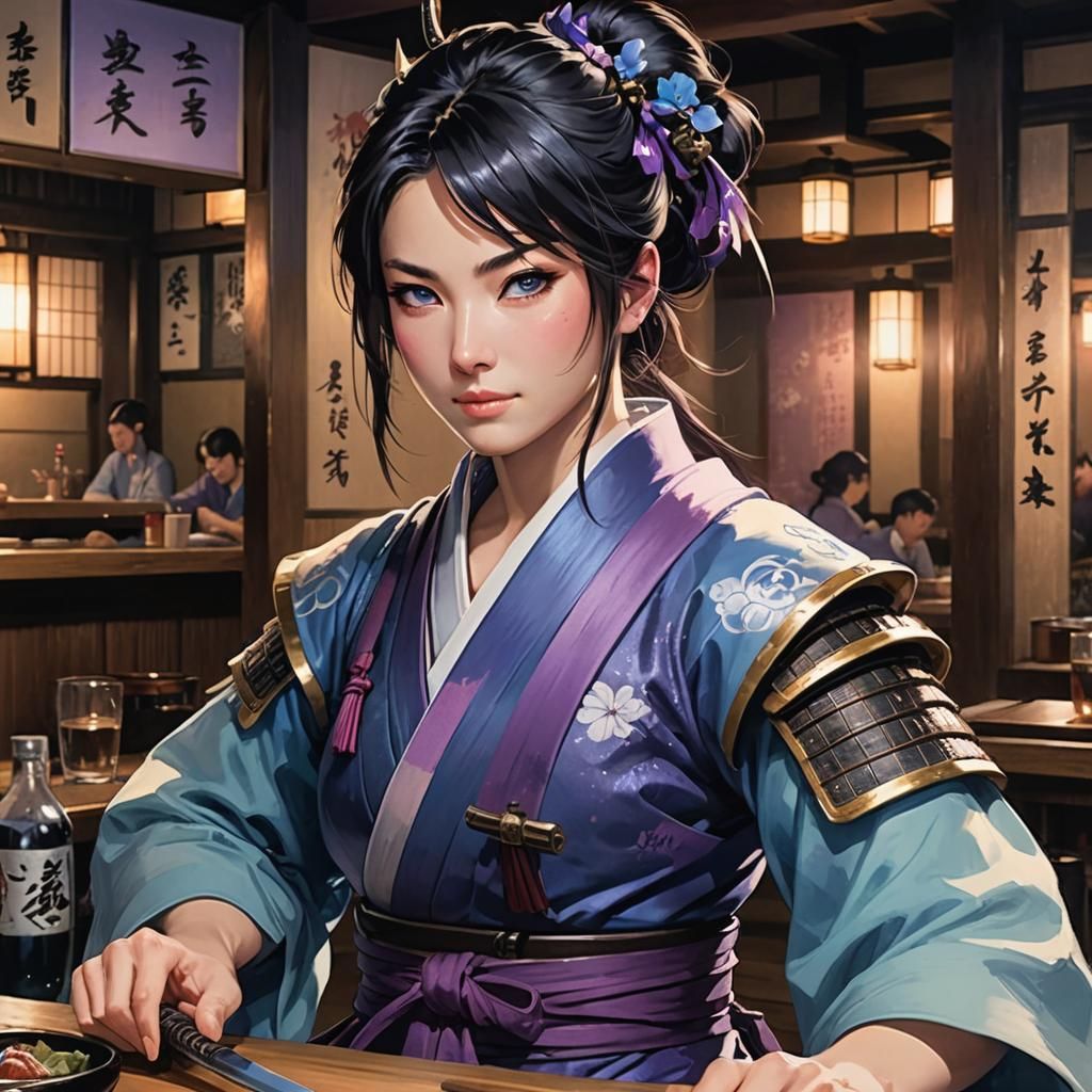 Female Samurai in Violet Izakaya, Digital Art