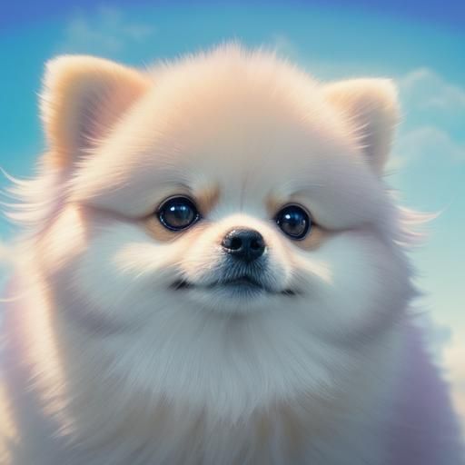Pastel Rainbow Pomeranian on Dreamy Cloud, Kawaii Art