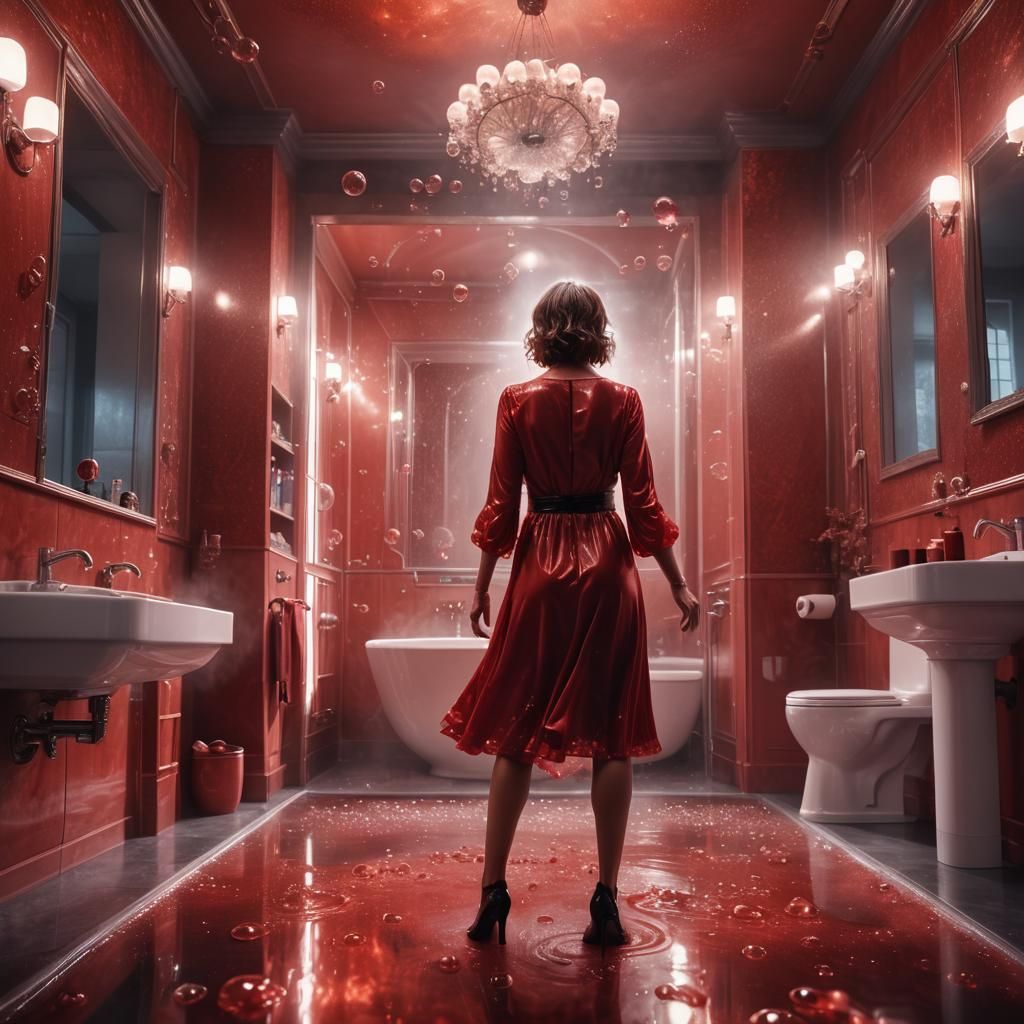 Woman in Red PVC Dress in Bathroom