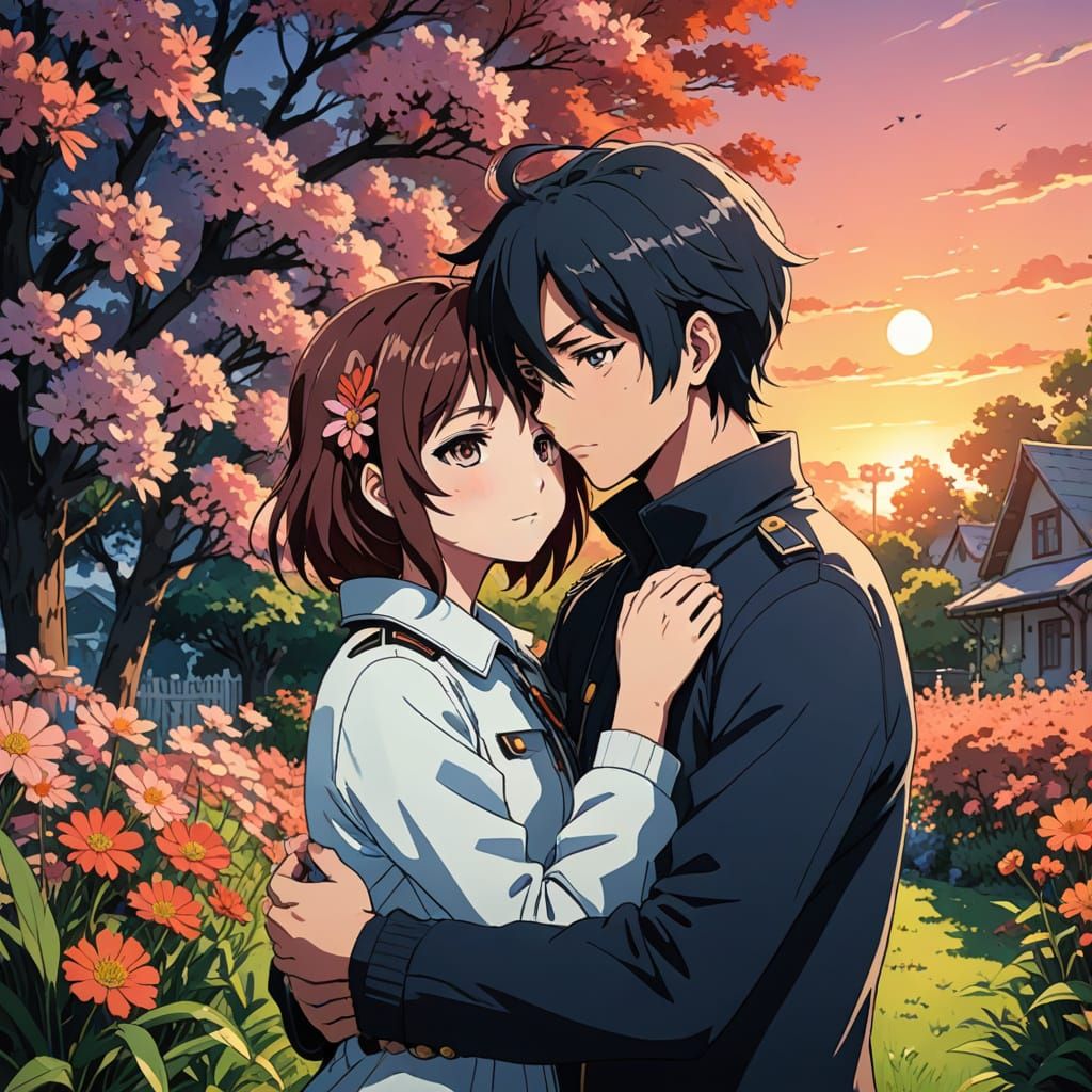 Ethereal Manga Romance in a Vibrant Sunset Garden