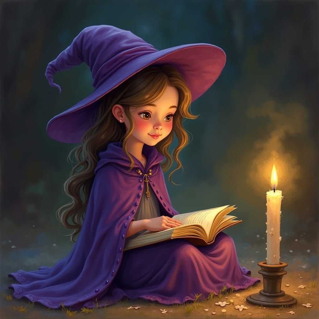 Young Witch Reading Spellbook by Candlelight