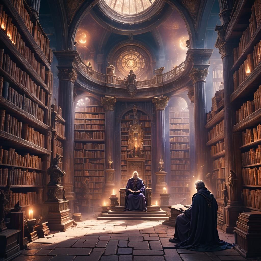 Mystical Figure in Ancient Library, Fantasy Art