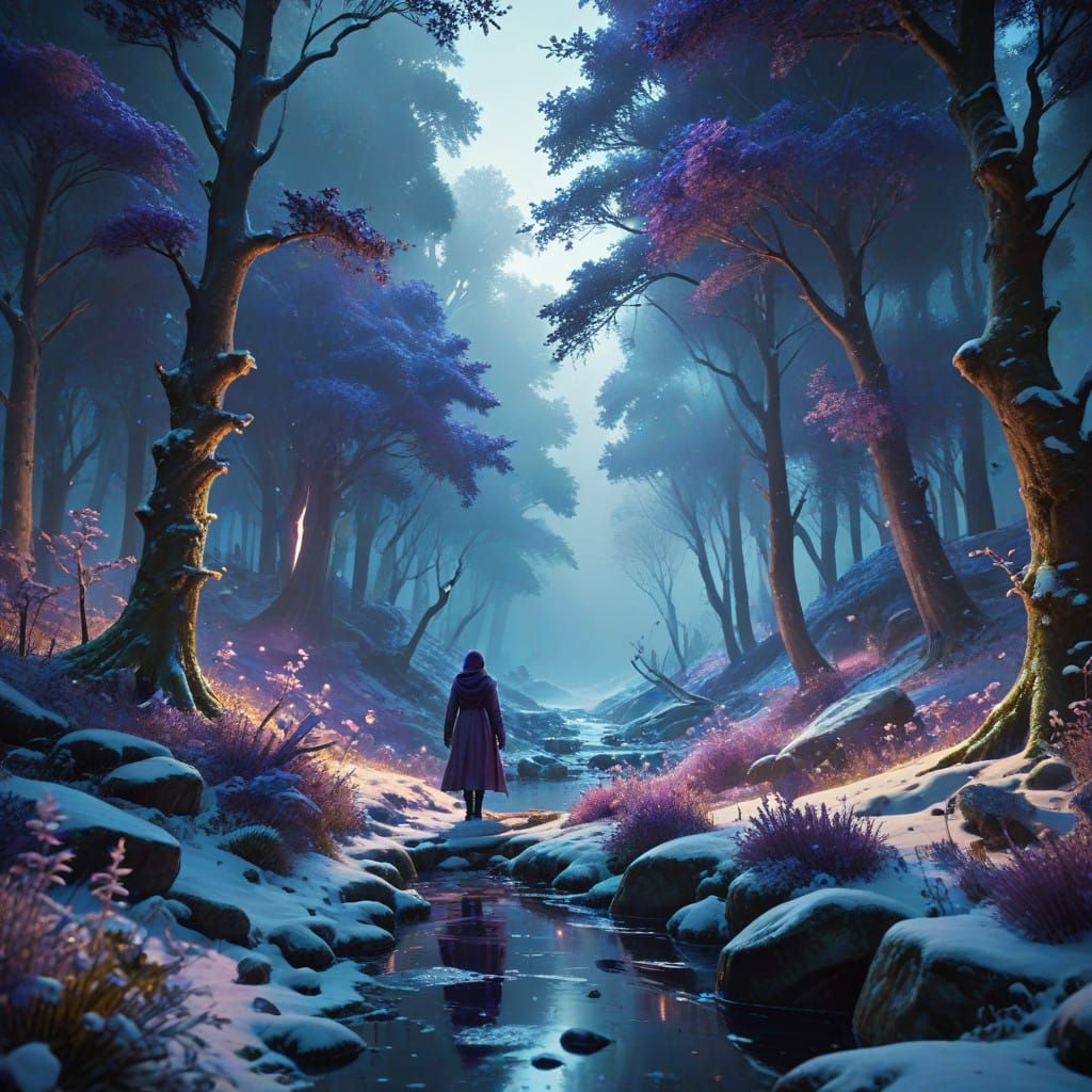 Ethereal Snowy Forest Scene in Surreal, Cinematic Style
