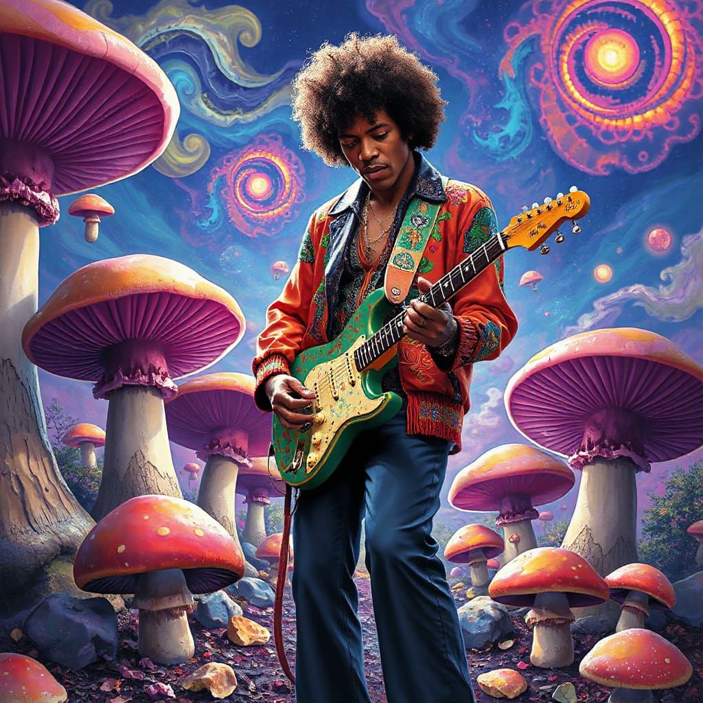 Surreal Landscape of Jimi Hendrix Among Vibrant Mushrooms