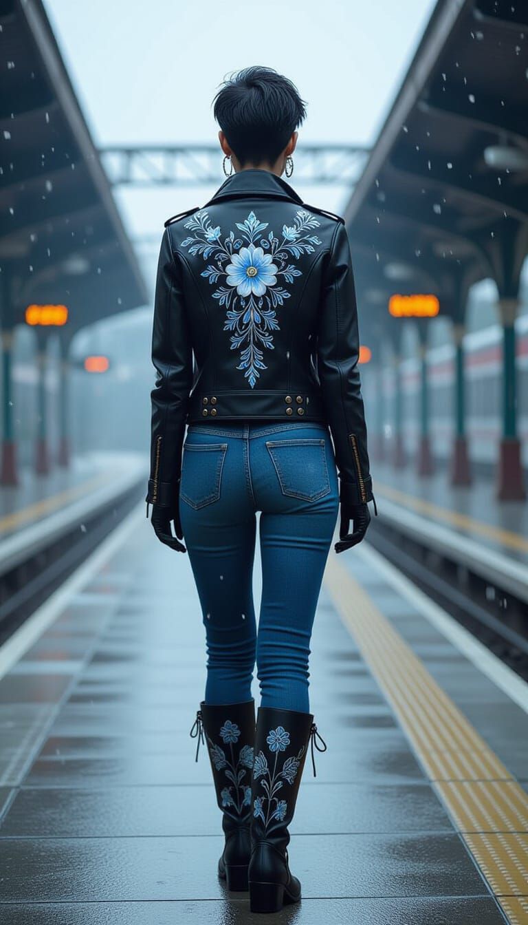 Woman on Train Platform in Falling Snow