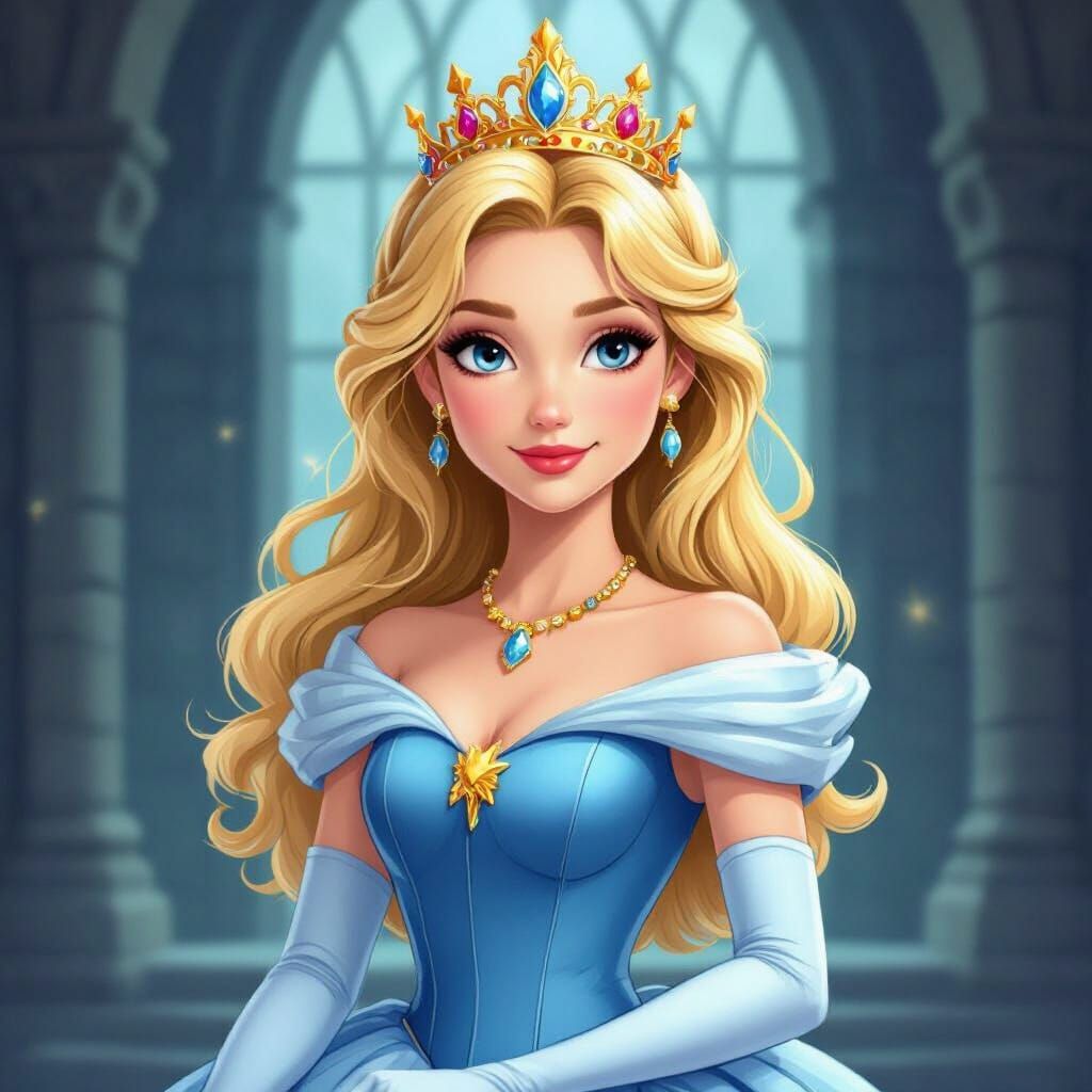 Blonde Princess in Blue Gown and Gold Crown in Castle