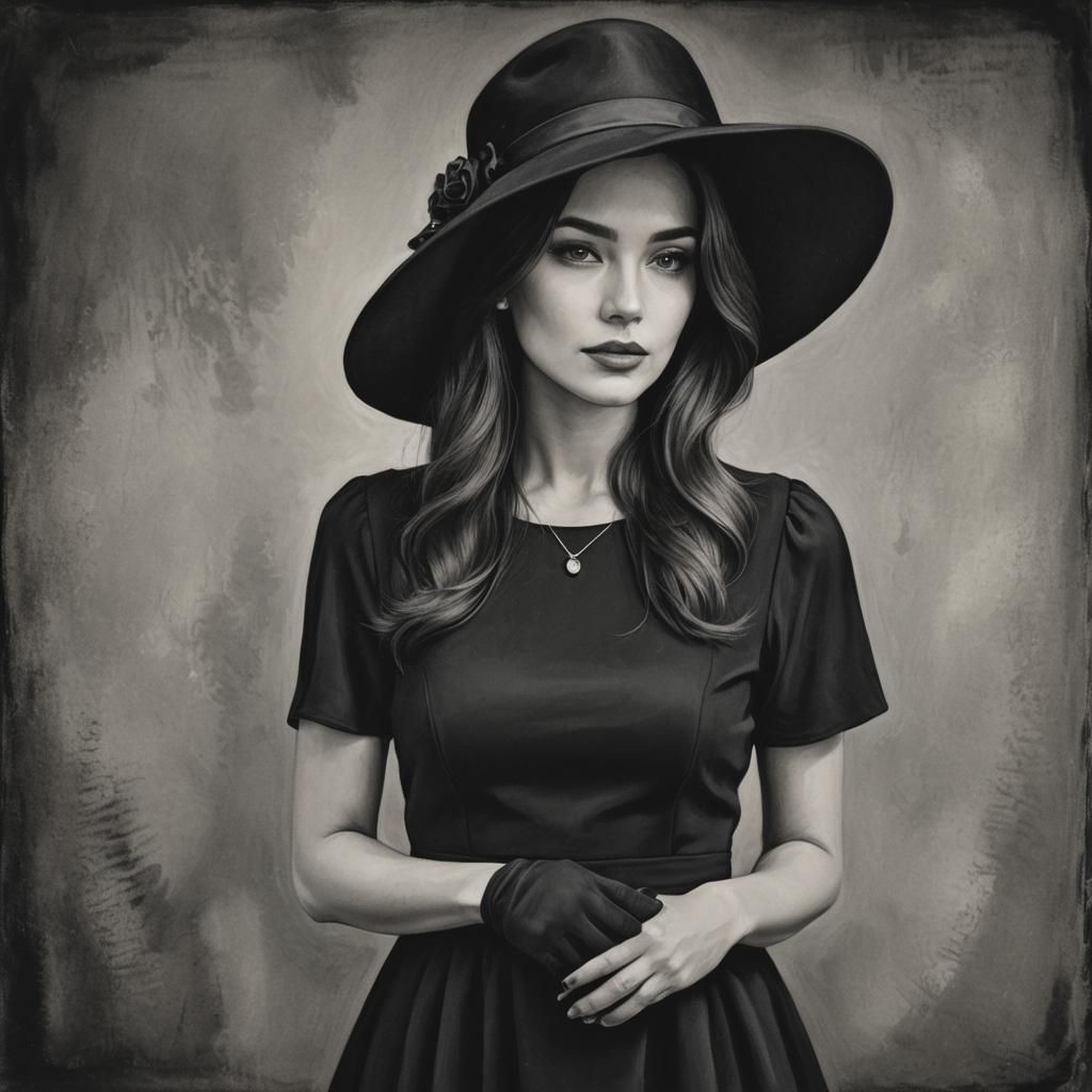 Elegant Woman in Black Dress and Hat