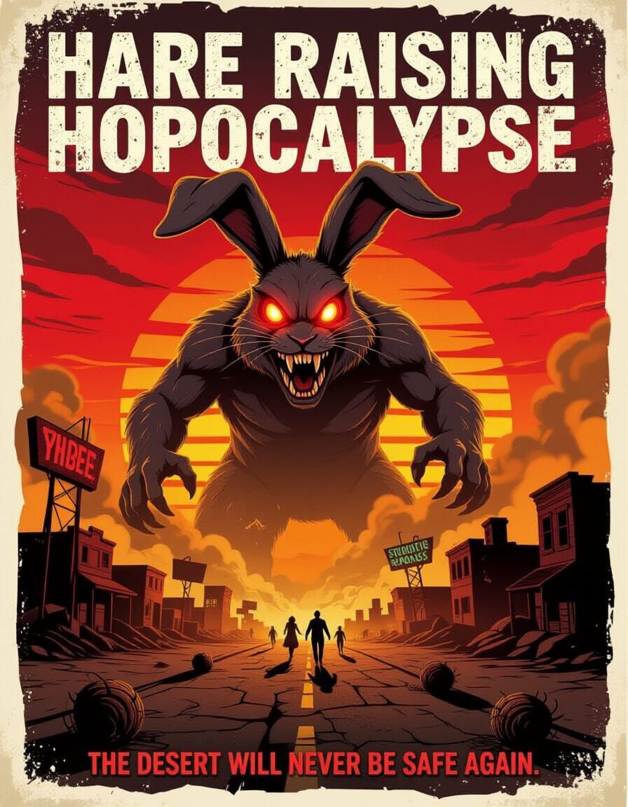 Giant Monster Rabbit Attacks Desert Town at Sunset