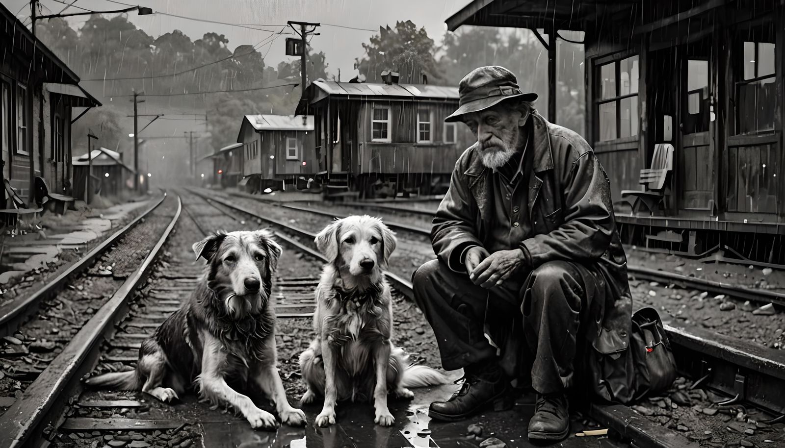 Heartbreaking Portrait of Hobo and Dog in Rainstorm