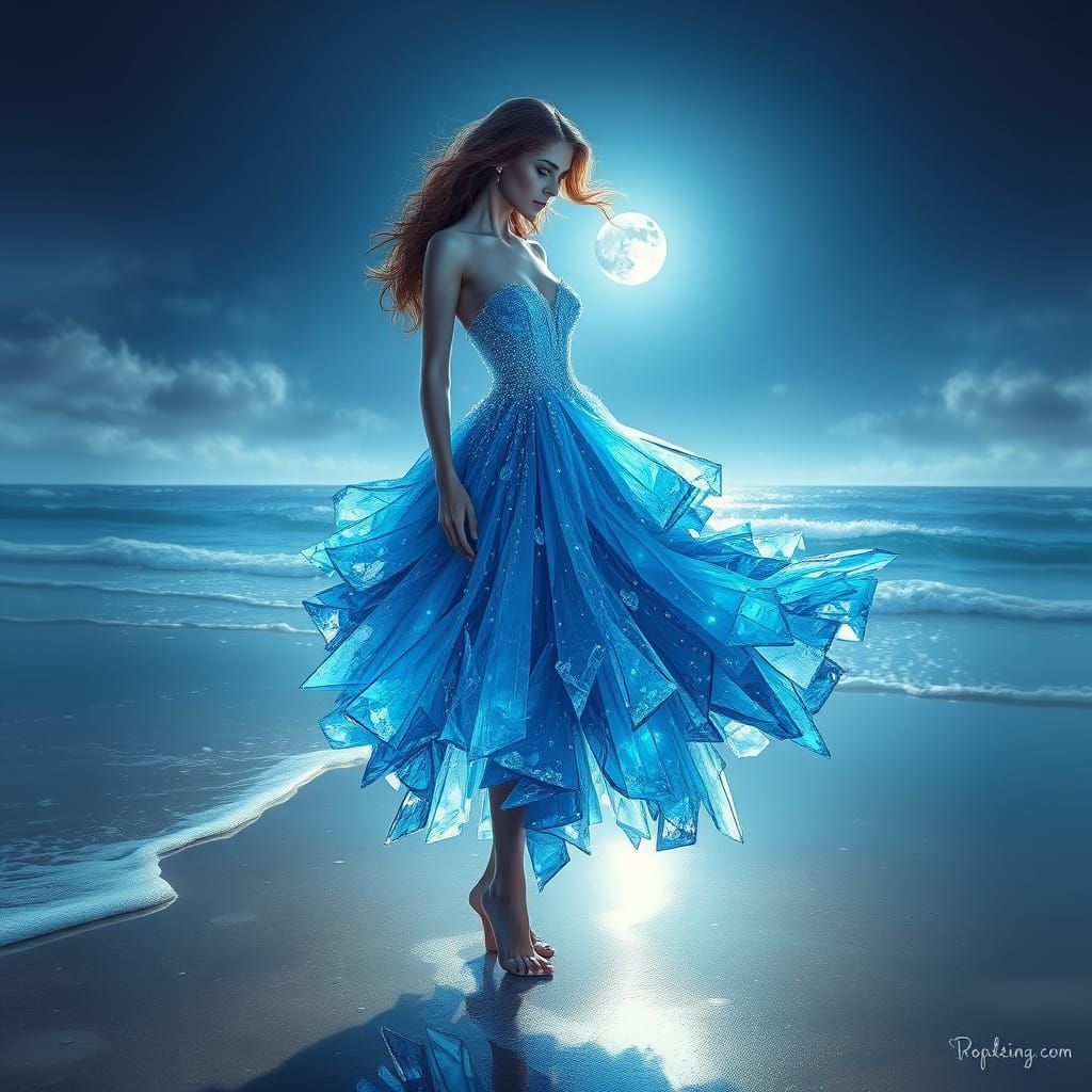 Woman in Shimmering Blue Crystal Dress on Moonlit Beach