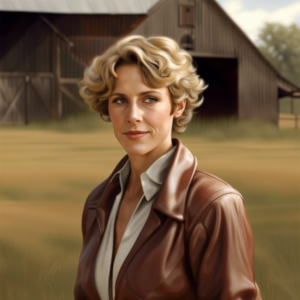 Photorealistic Amelia Earhart in Field Near Barn
