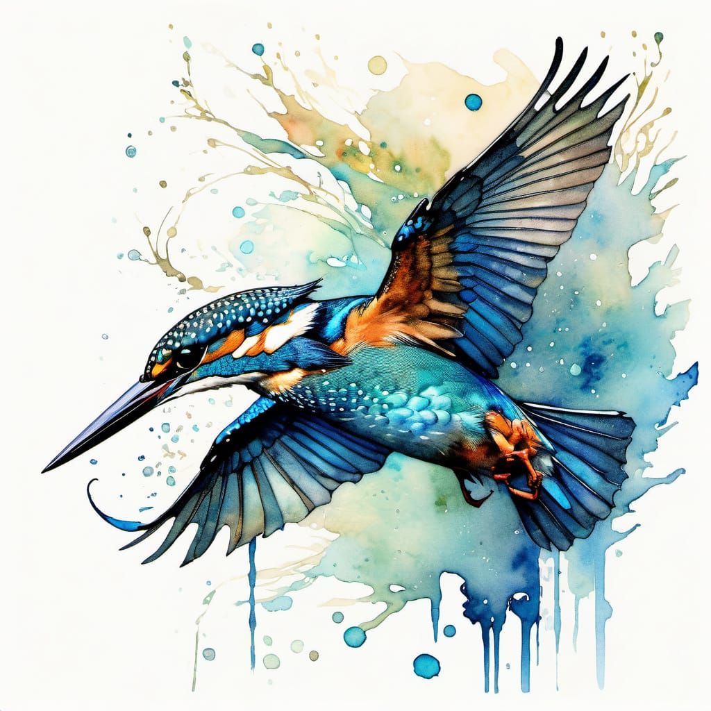 Dramatic Kingfisher Dive in Vibrant Watercolour Style