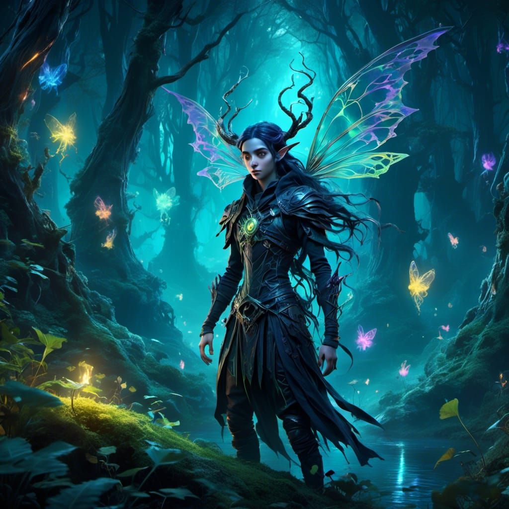 Ethereal Elf in Enchanted Forest at Night