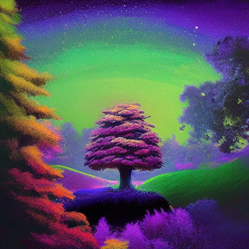 Surreal Landscape with Glowing Mushroom Tree in a Vibrant Di...