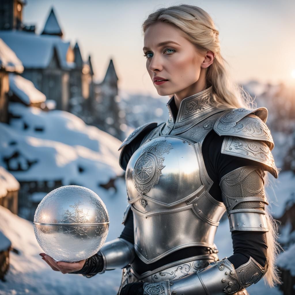 Woman in Silver Armor Holding Frozen Sphere