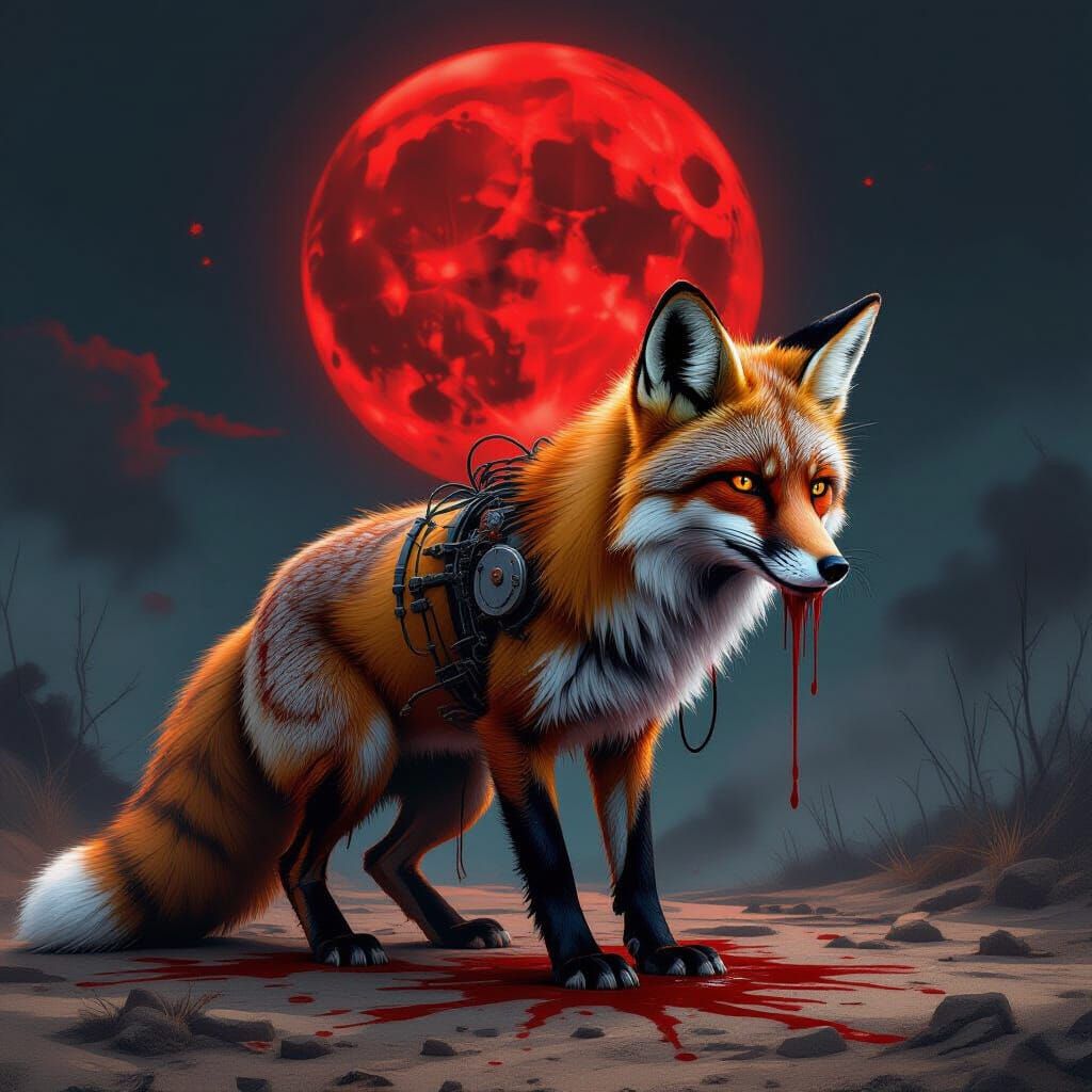 Mechanical Fox Splattered With Blood Under Red Moon