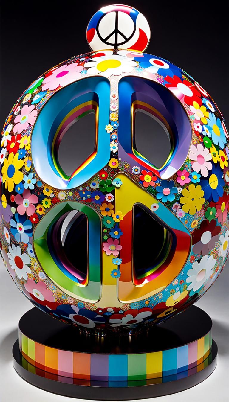 4d sculpture of the words “PEACE NOW” by Takashi Murakami