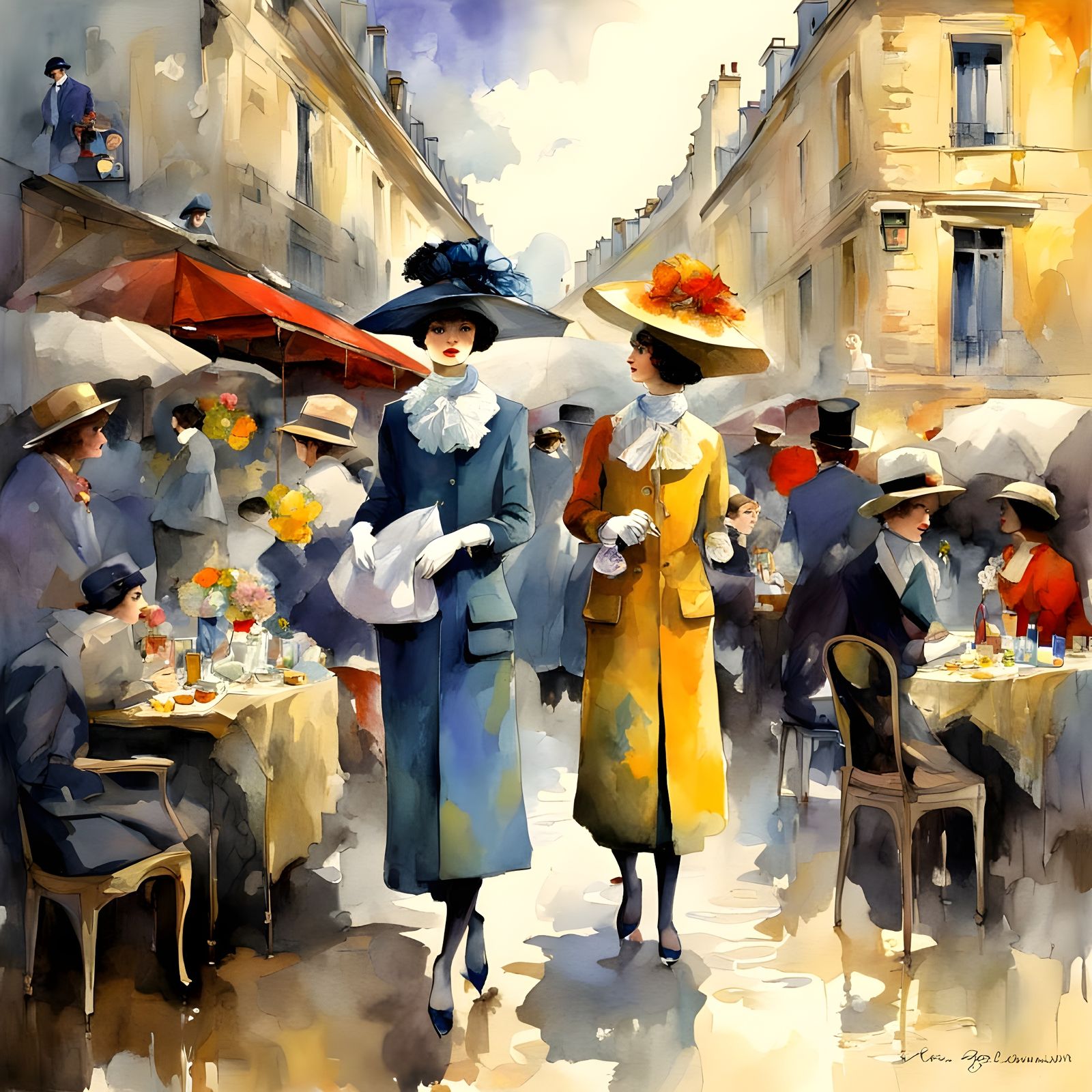 Elegant 1920s Parisian Fantasy Scene in Watercolor