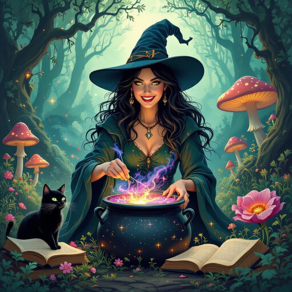 Mischievous Witch Stirs Nebula Cauldron in Enchanted Forest