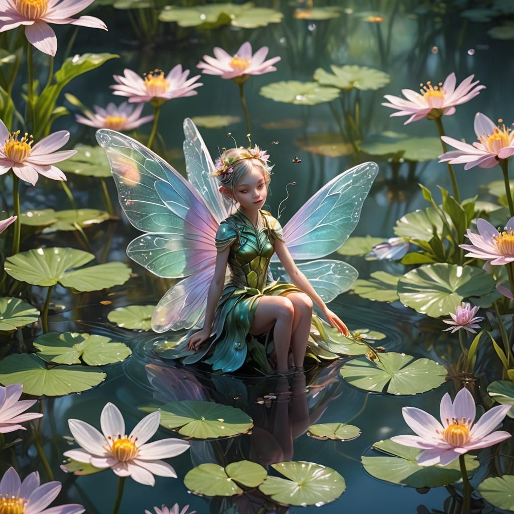 Insectoid Fairy on Flowering Pond in Dreamy Macro Art