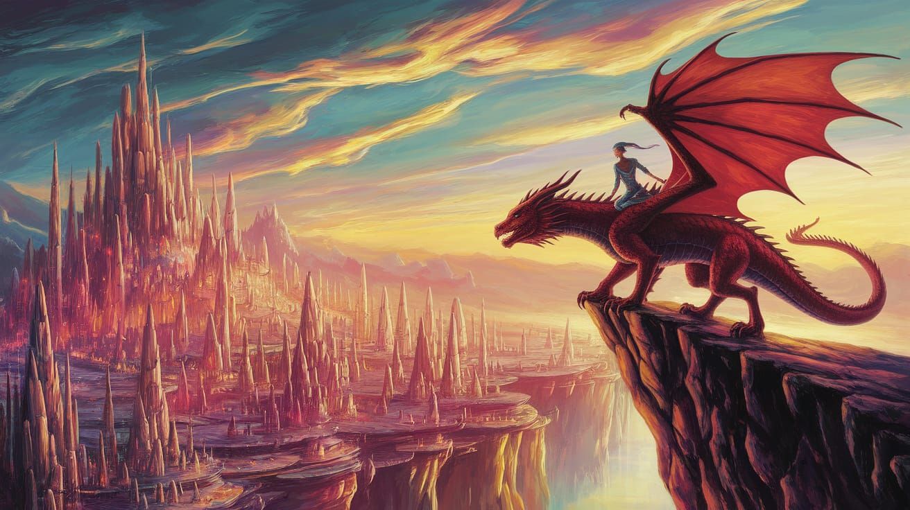 Elf on Dragon Over Alien City at Twilight