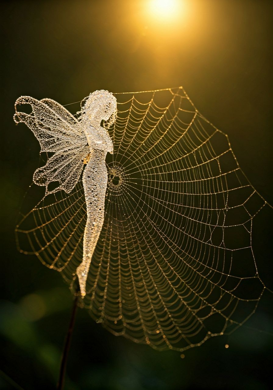 Sparkling Fairy Sculpture Made of Spiderwebs in Golden Hour ...