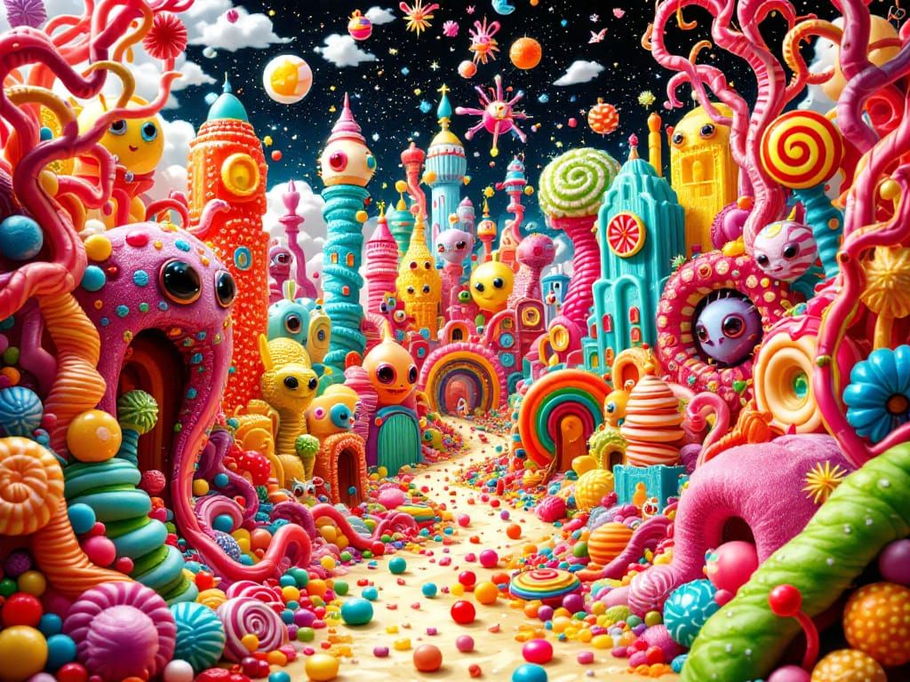 Whimsical Candyland Cityscape with Gumdrop Skyscrapers