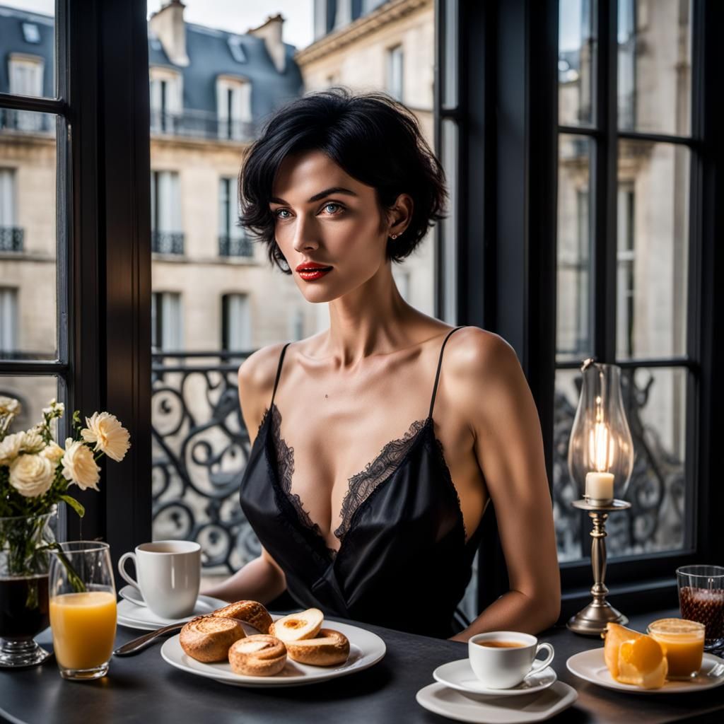French Woman at Breakfast in Paris Street