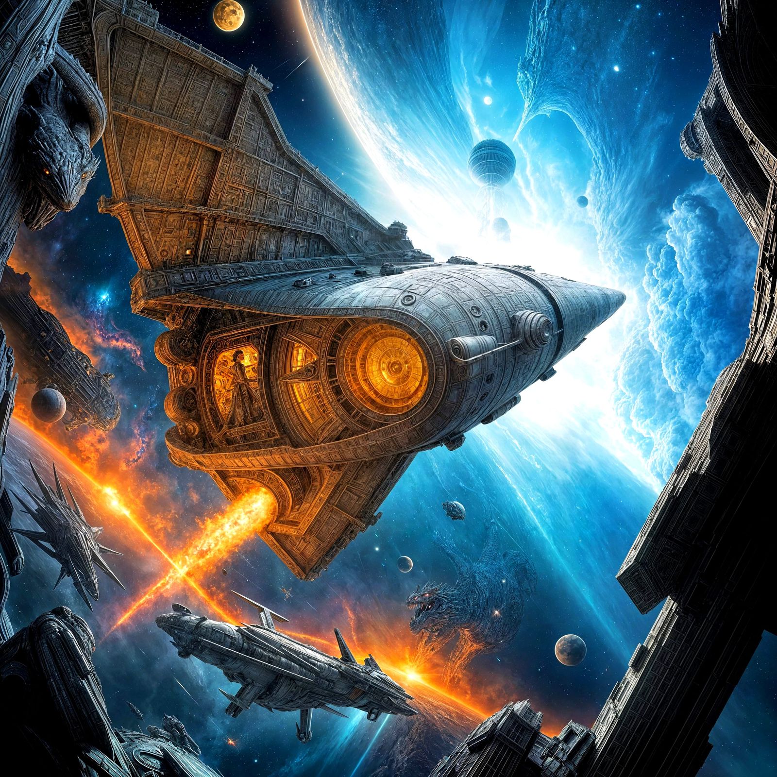 Dragon Spaceship Ignites Nebulae in Cosmic Adventure