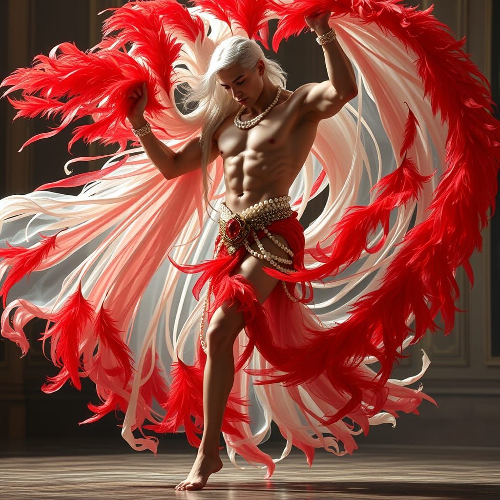 Ethereal Ballroom Dancer in Scarlet Feathers