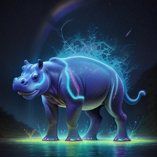 Luminous Hippopotamus Casts a Spell: Fantasy Airbrush Art