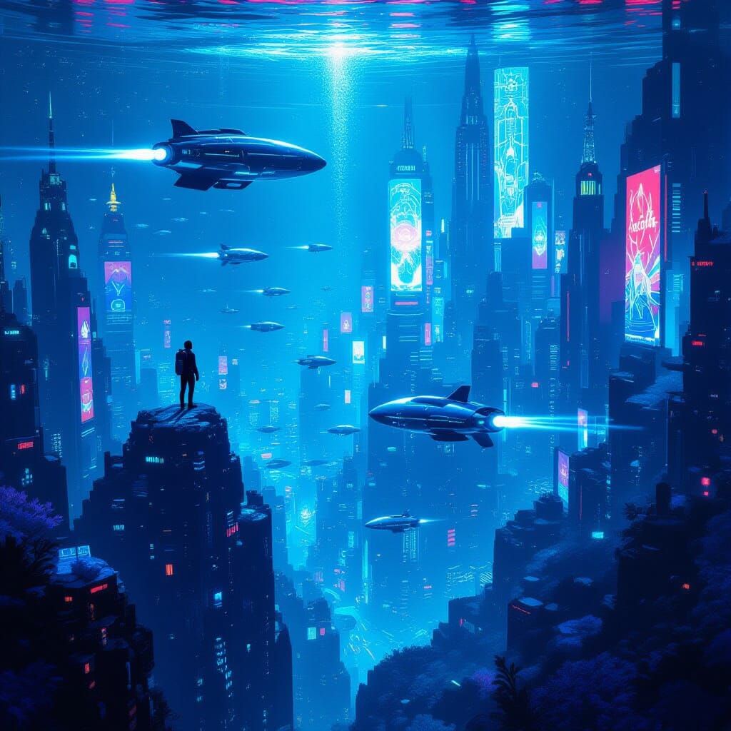 Futuristic Underwater Metropolis with Diver, in Art Deco Sty...