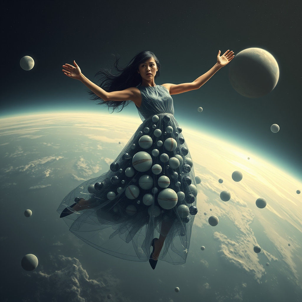 Surreal Figure Jumps from Earth in Space Dress