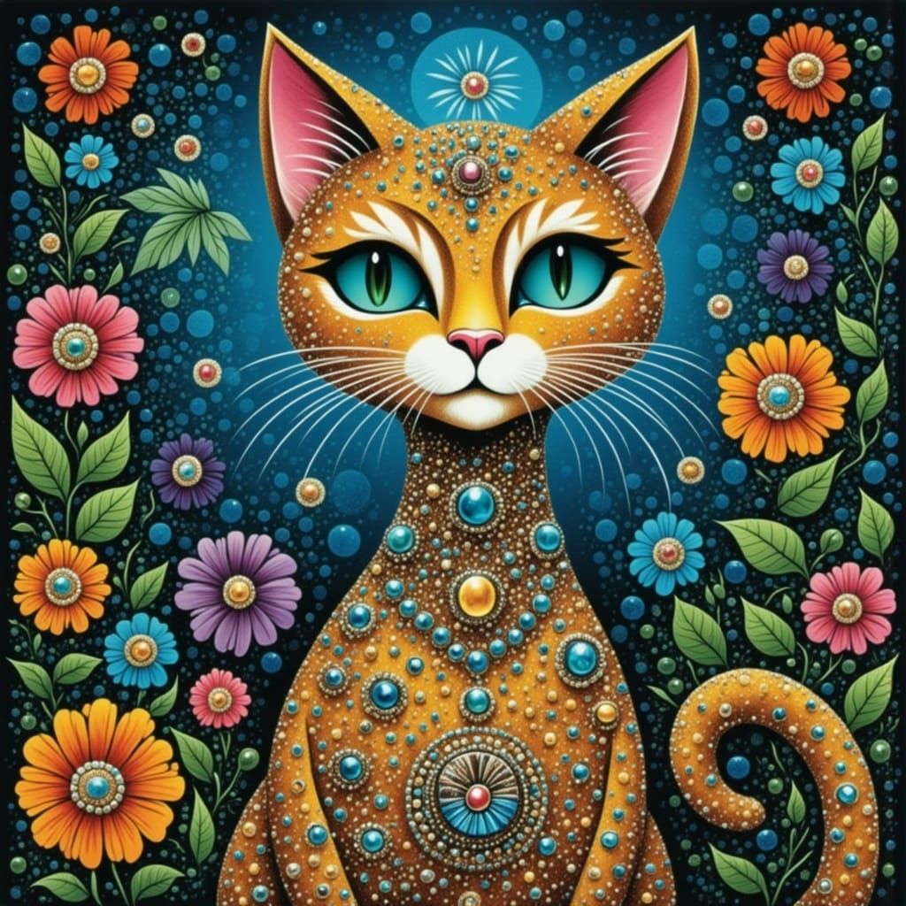 Vibrant Whimsical Feline Scene in Folk Art Style