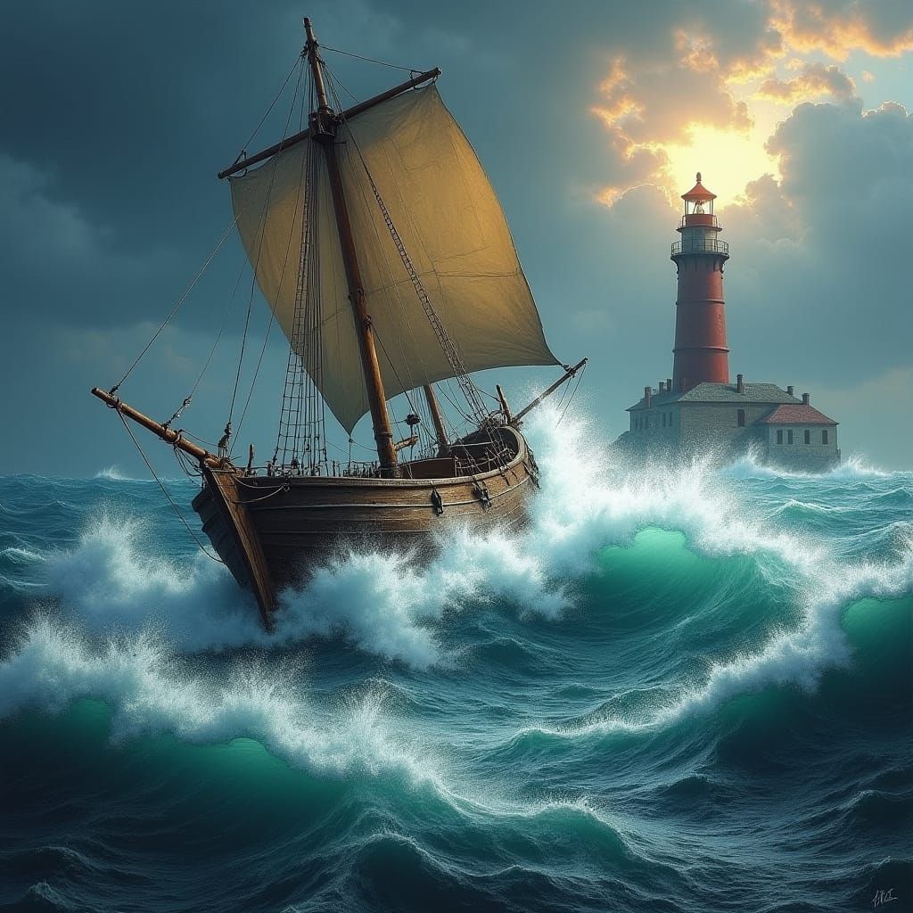 Sailboat Battling Stormy Seas Under Lighthouse Beam