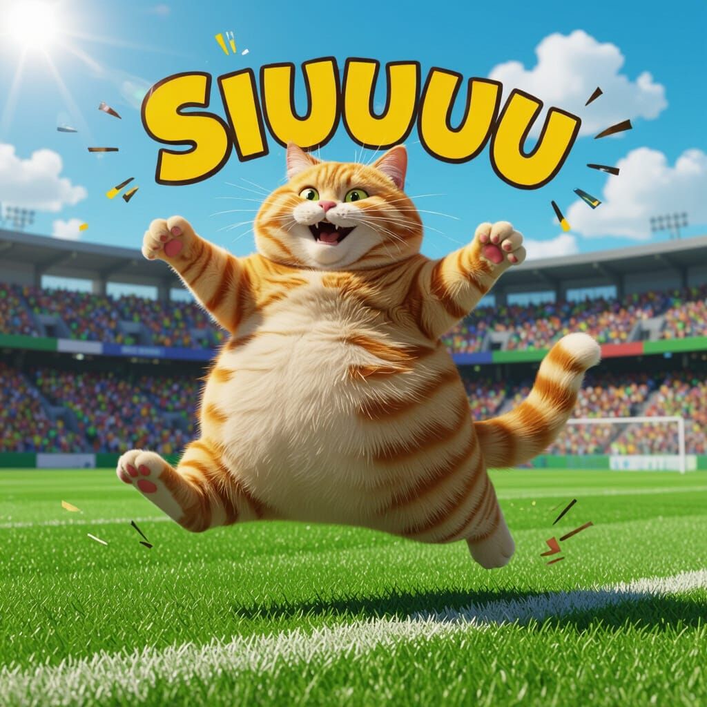 Fat Ginger Cat Does Siuuu Celebration on Football Pitch