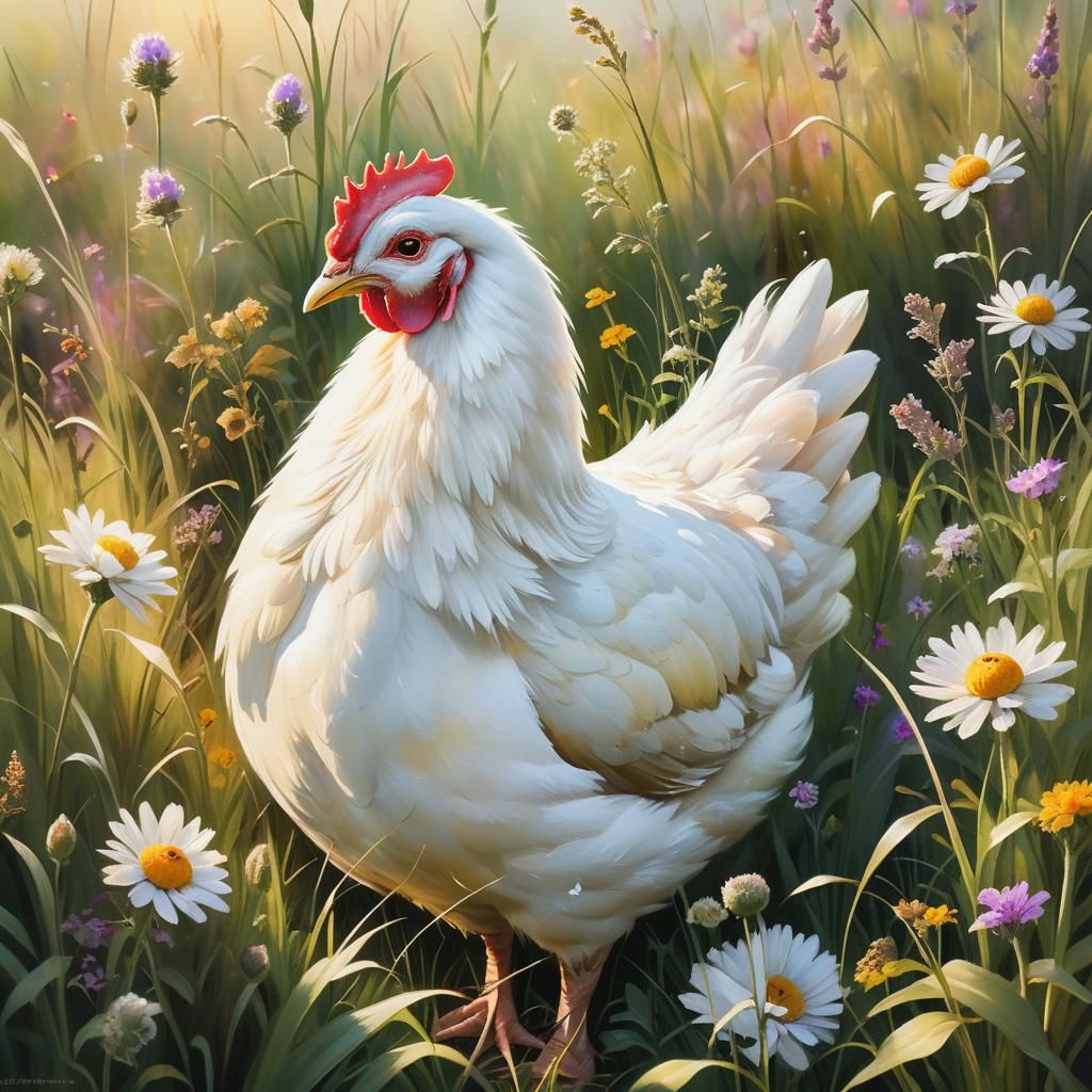 Hen and Chicks in Wildflower Meadow: Wildlife Art