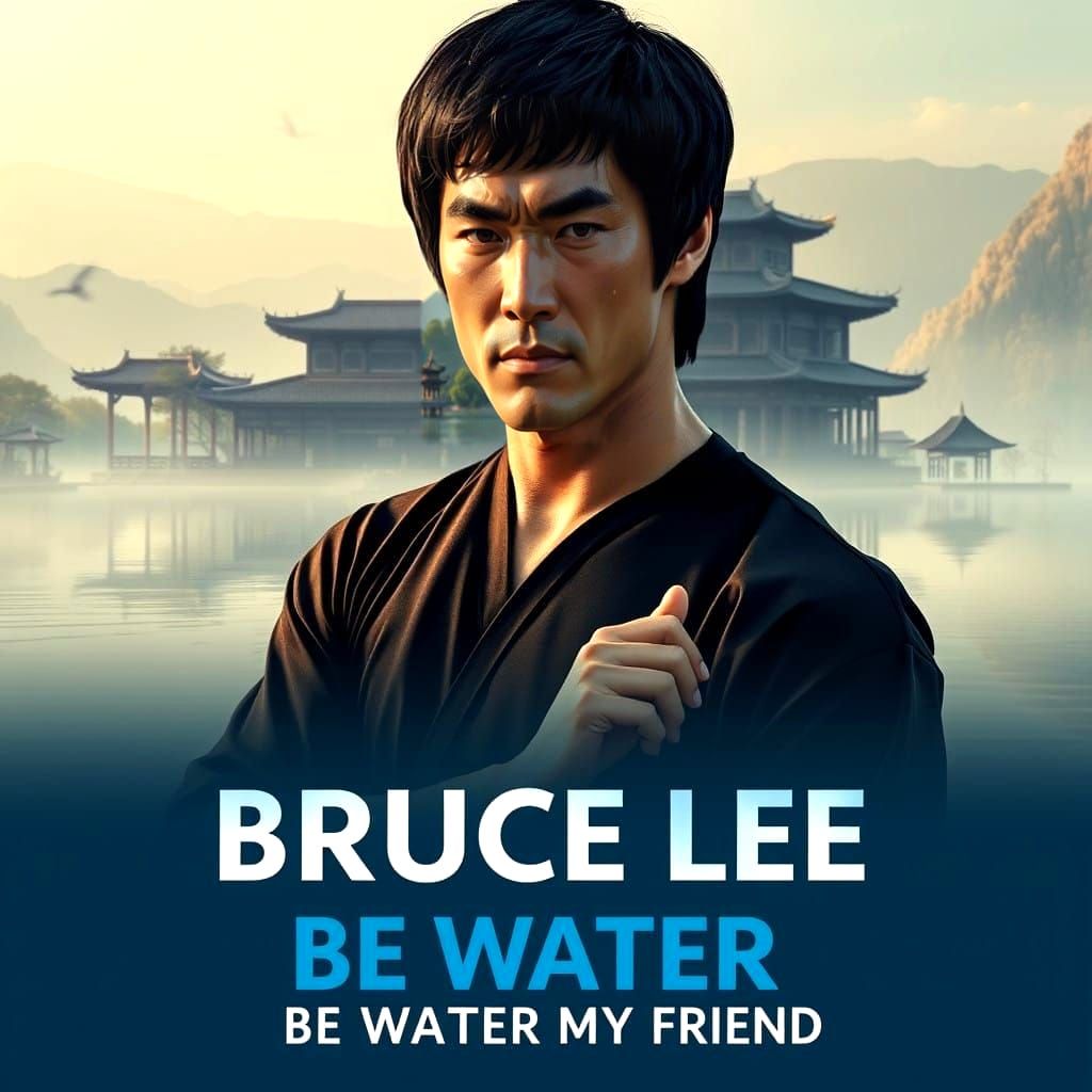 Bruce Lee in Serene Martial Arts Pose, Embodying the Concept...