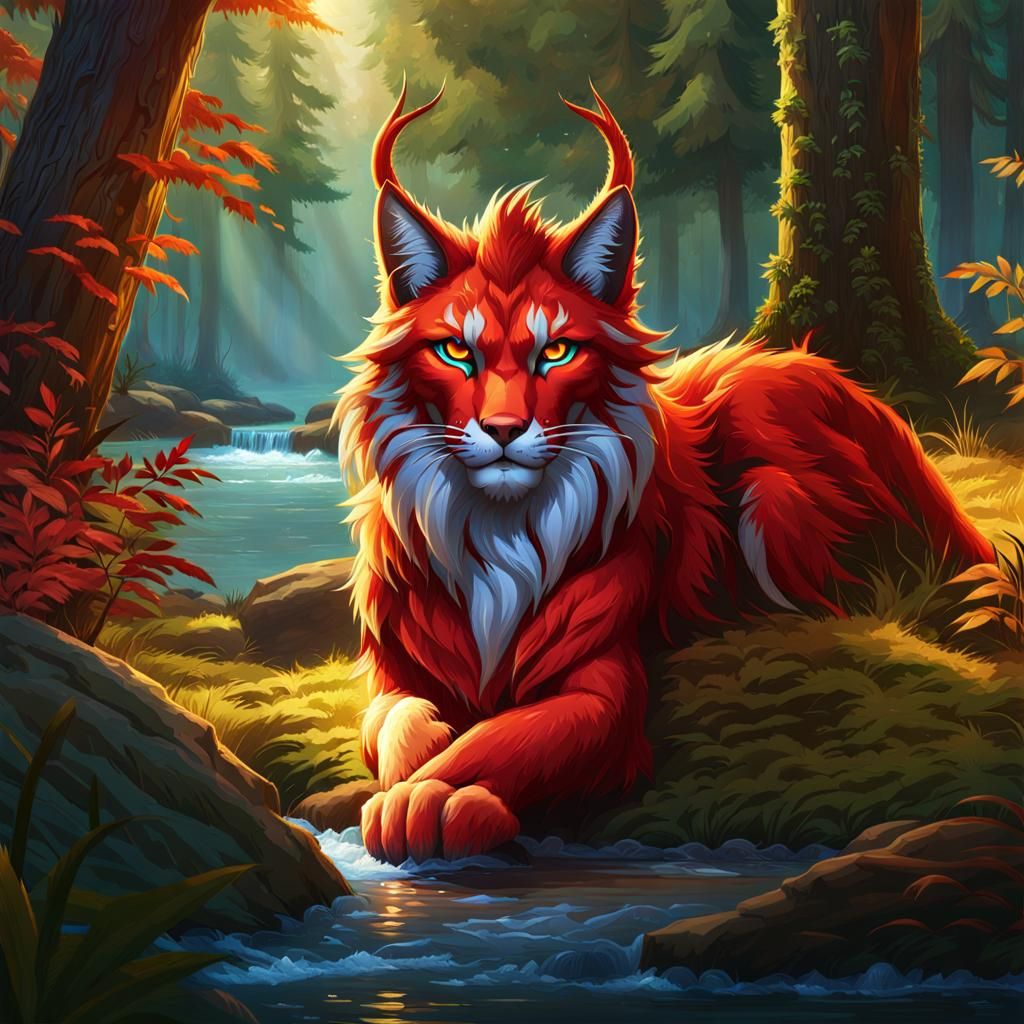 Hyperrealistic Red Lynx in Forest Landscape