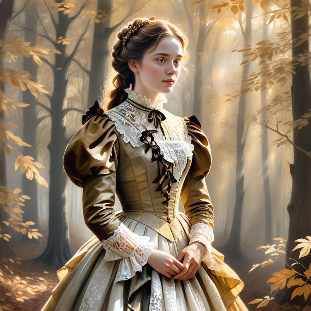 Elegant Woman in 1860s Dress, Realistic Pencil Drawing