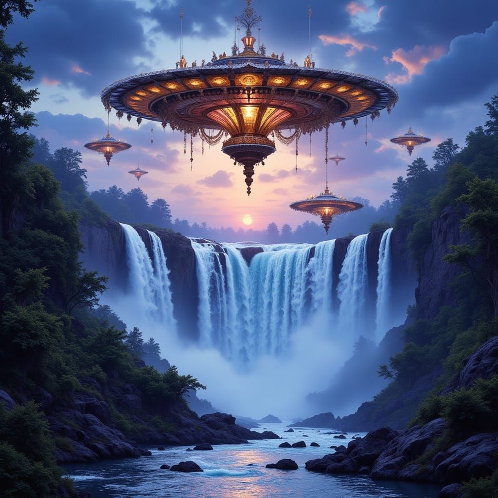 UFOs Hovering Above Niagara Falls in Retrofuturistic Style