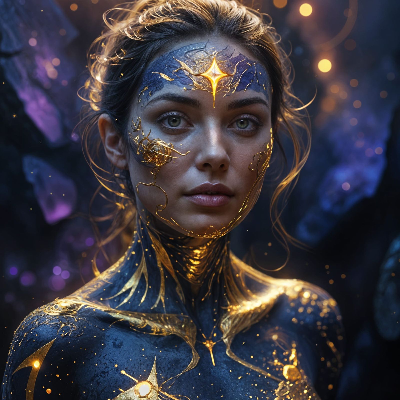 Ethereal Woman's Alchemical Transformation in Indigo Void